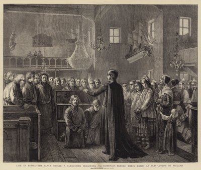 A vida na Rússia, o banco negro, um clérigo pregando para criminosos antes do exílio, um velho costume na Finlândia de Mikhail Konstantinovitch Clodt von Jurgensburg
